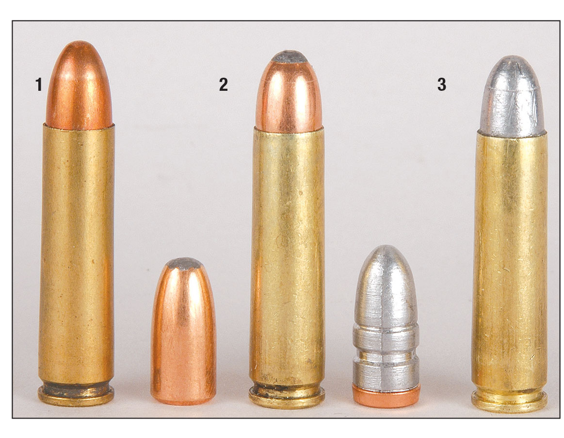 These .30 carbine loads include a (1) LC’71 headstamped military surplus load, (2) Sierra 110-grain JSP and loaded round and a (3) SAECO 302 115-grain cast bullet and loaded round.